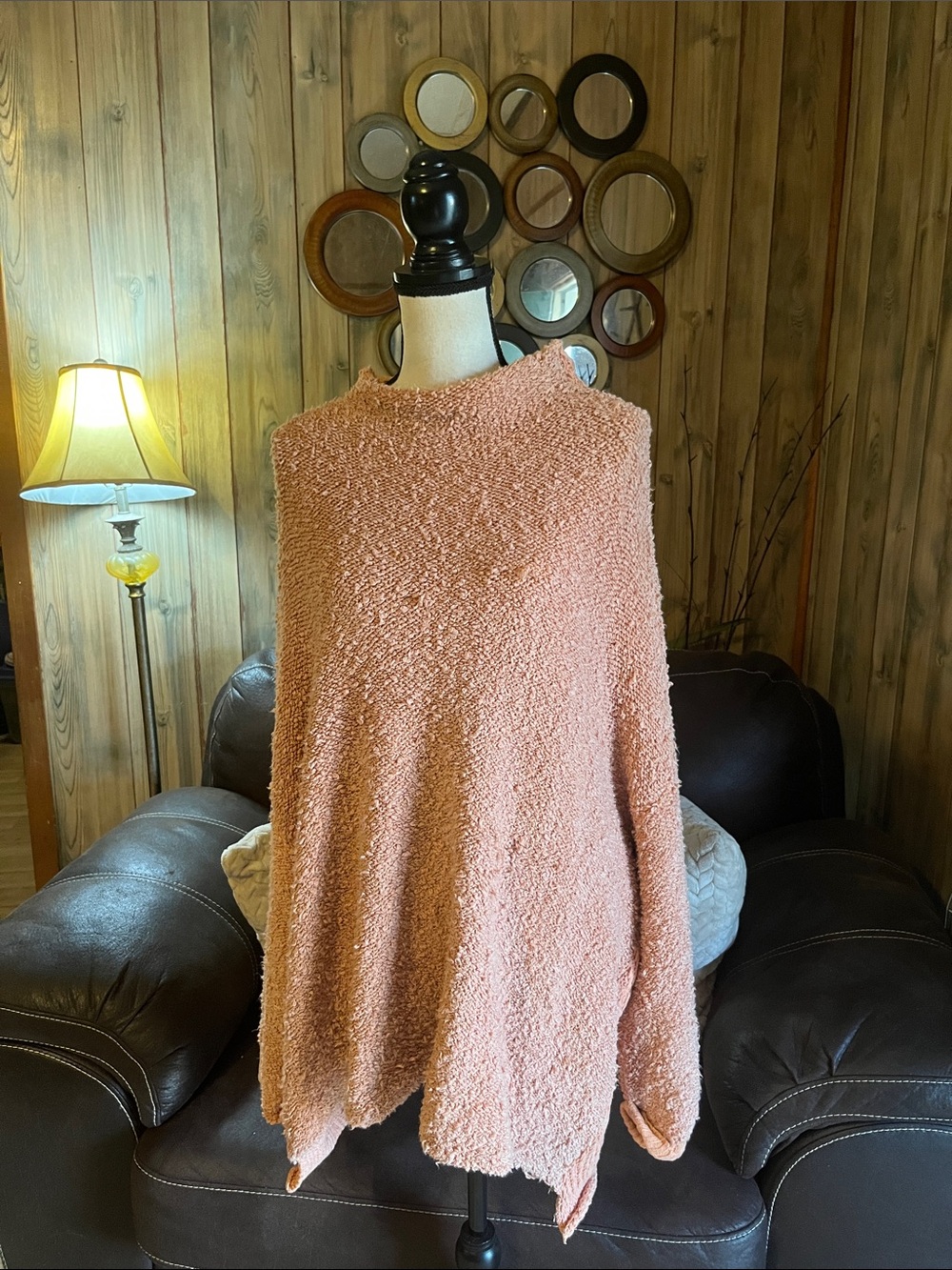 Free People Cuddle Up Pullover Sweater Cozy, Oversized Peach Loop-Knit